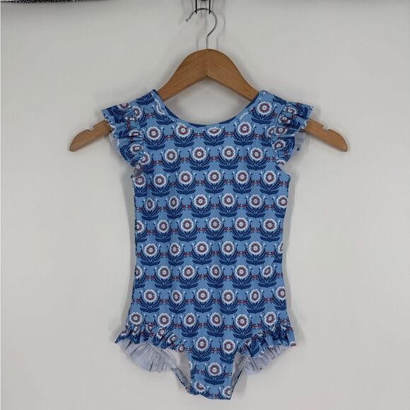 Grace & James Kids Frances One Piece Ruffle Trim Swimsuit in Blue | Size 6 - Picture 3 of 9
